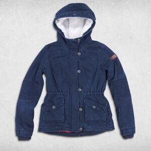 Hollister Parka Coat Wmns M Blue Sherpa Hood Full Zip Utility Streetwear Preppy